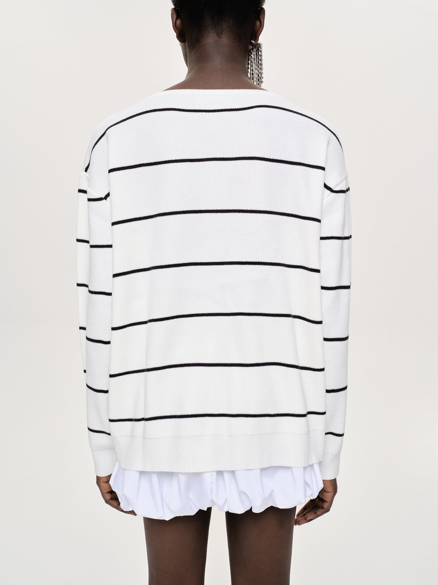 Deep V-Neck Sweater, White Stripe