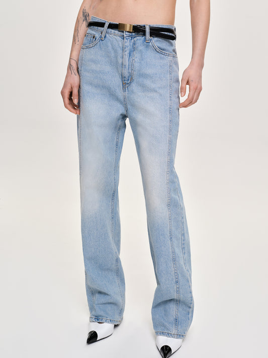 Side Paneled Straight Jeans, Light Washed Blue