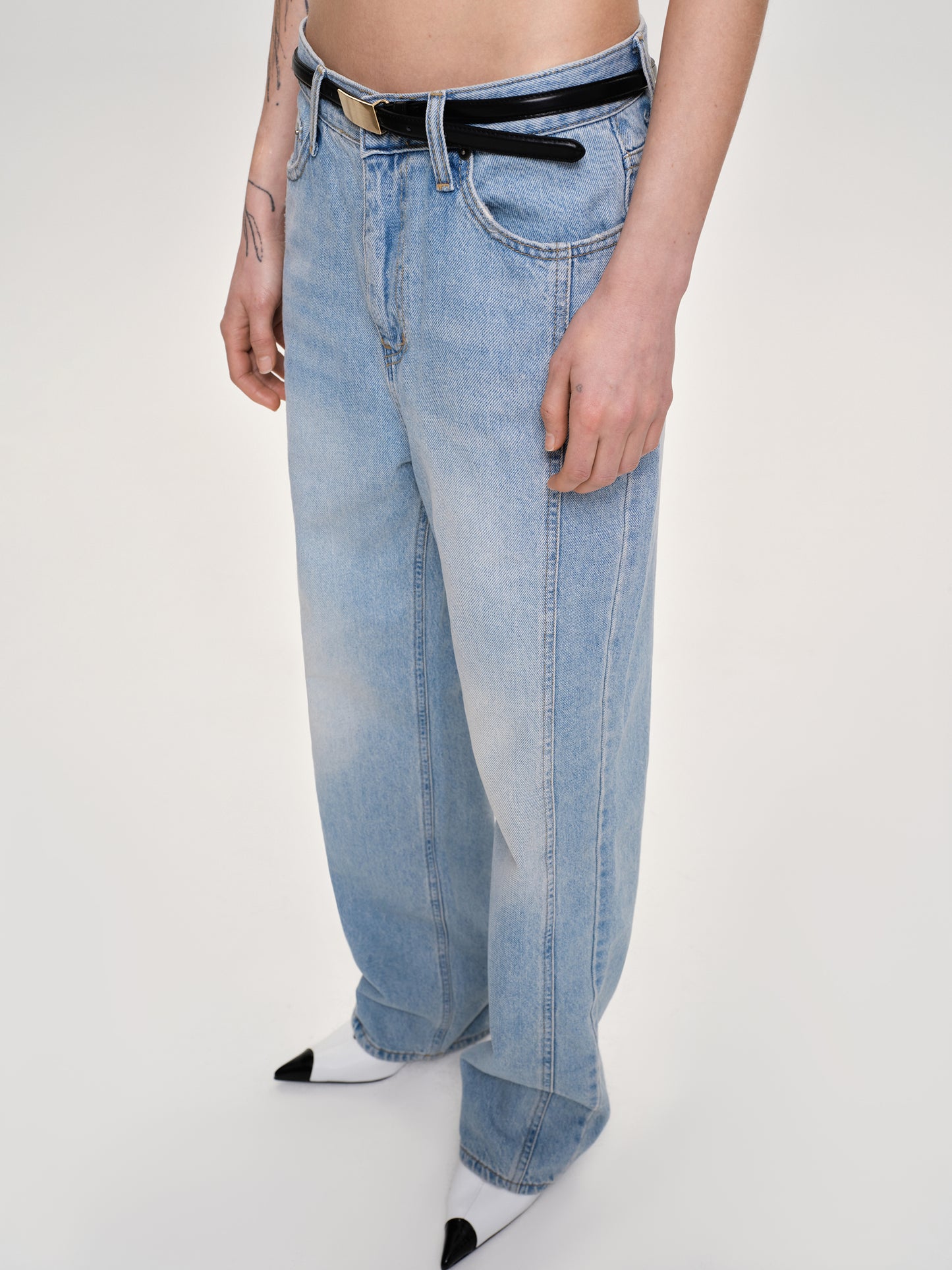 Side Paneled Straight Jeans, Light Washed Blue