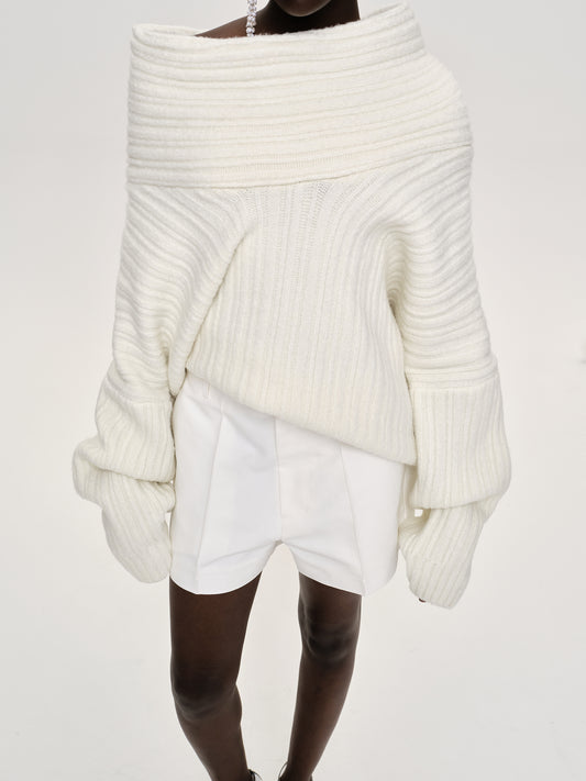 Becca Oversized High Roll Knit Pullover, White