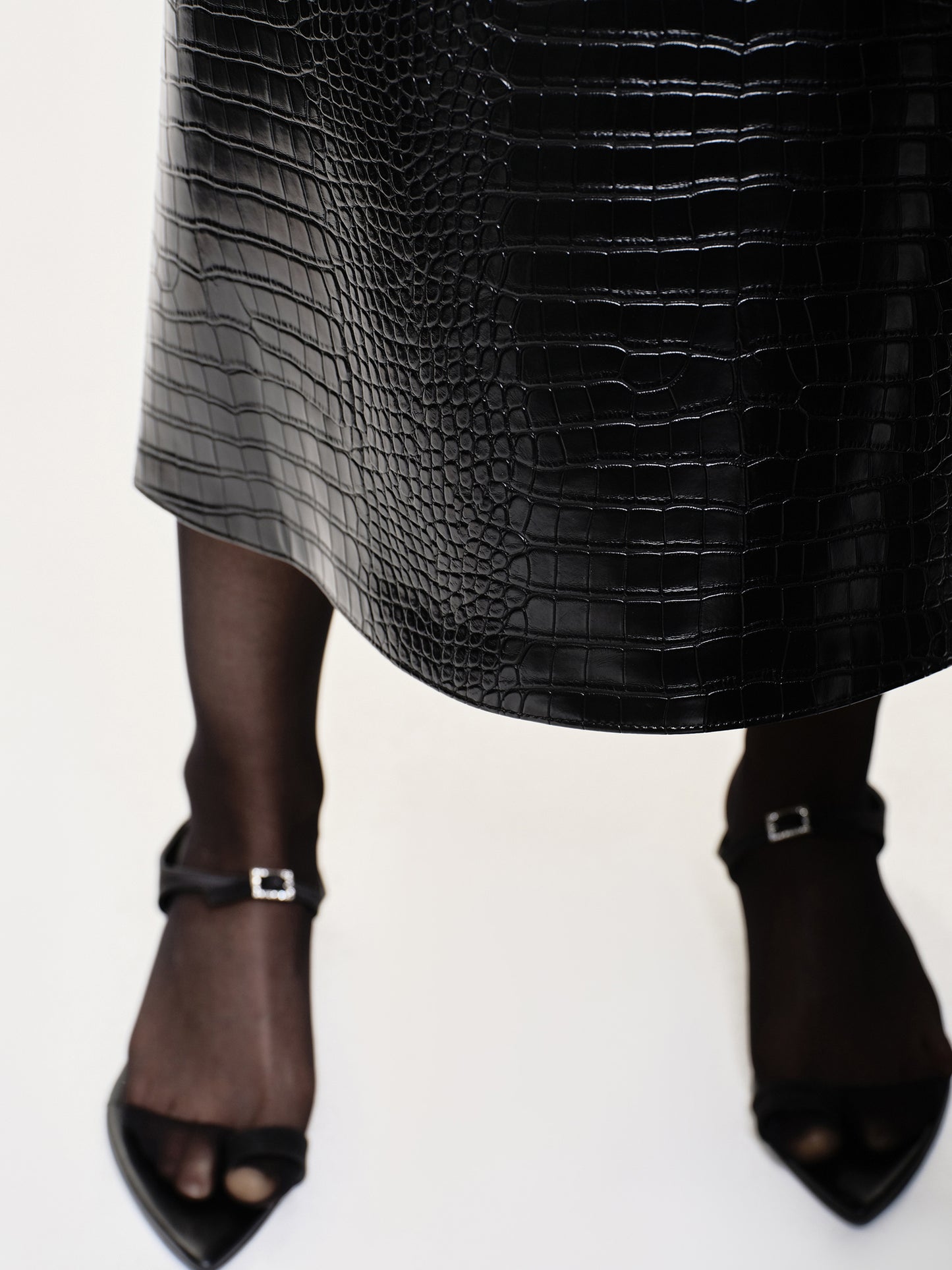 Croc-Embossed Midi Skirt, Black