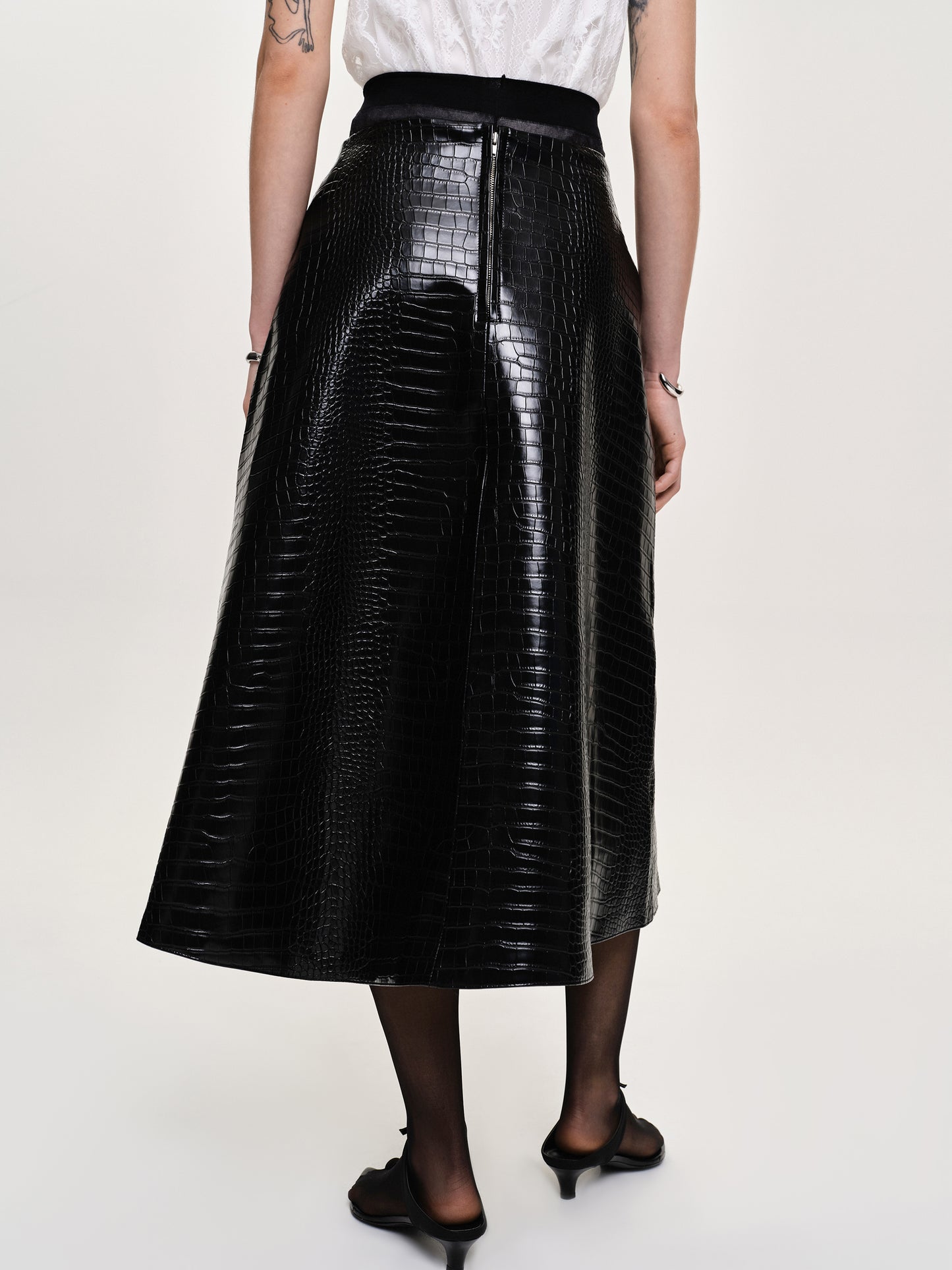 Croc-Embossed Midi Skirt, Black