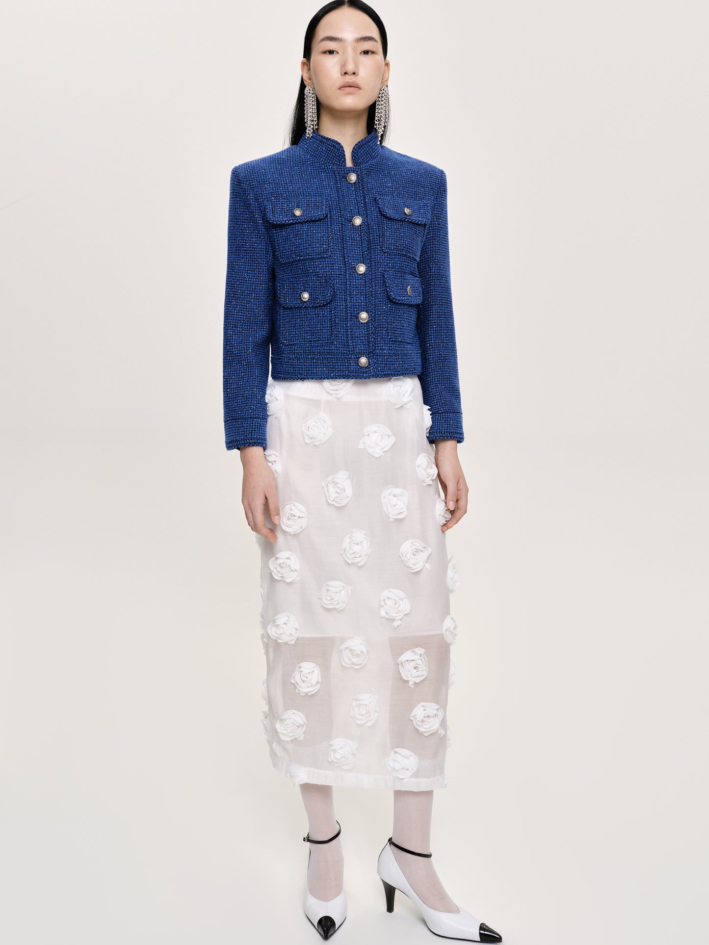 Rose Applique Midi Skirt, White