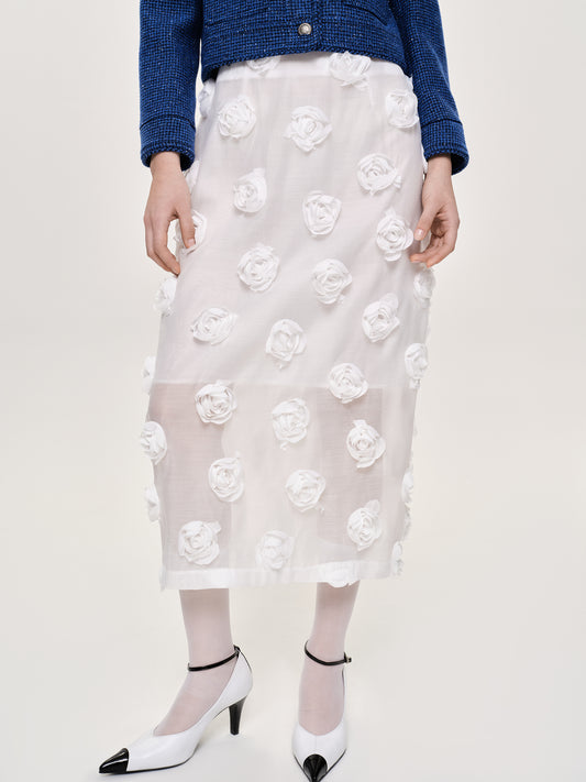 Rose Applique Midi Skirt, White