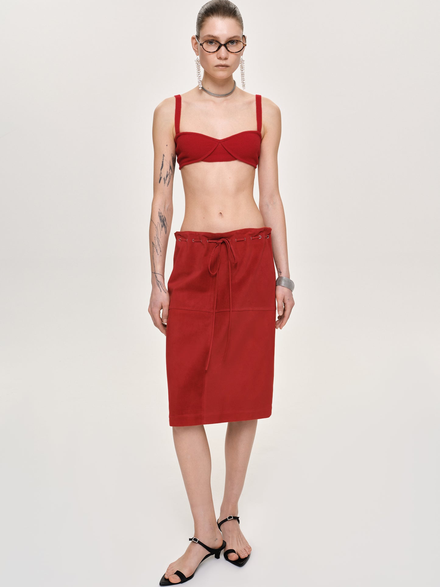 Suede Paneled Midi Skirt, Red