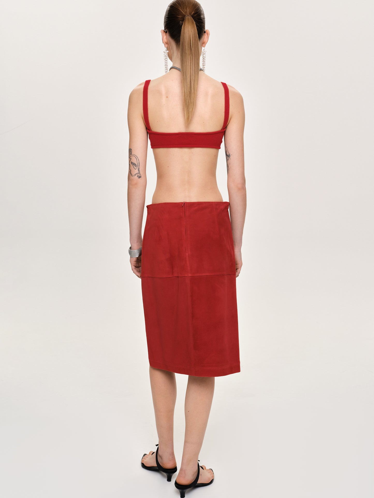 Suede Paneled Midi Skirt, Red