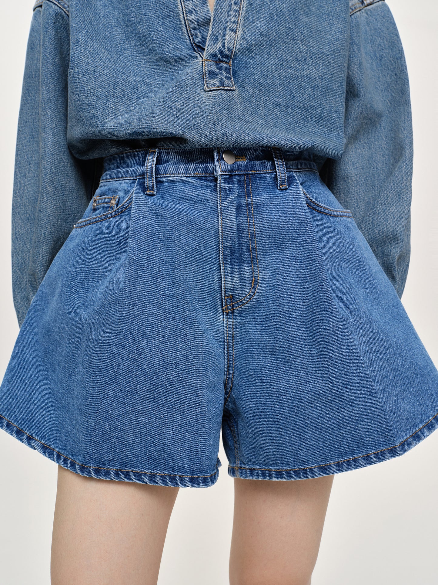 (Pre-order) Flared Denim Shorts, Medium Blue