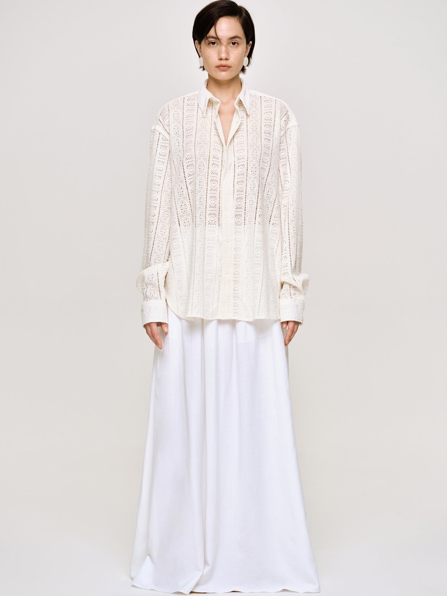 Pointelle Oversized Button Down Shirt, Ivory