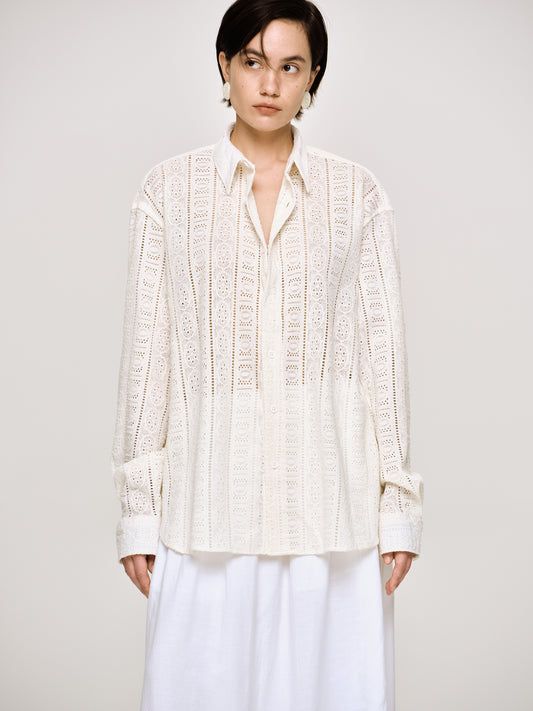 Pointelle Oversized Button Down Shirt, Ivory