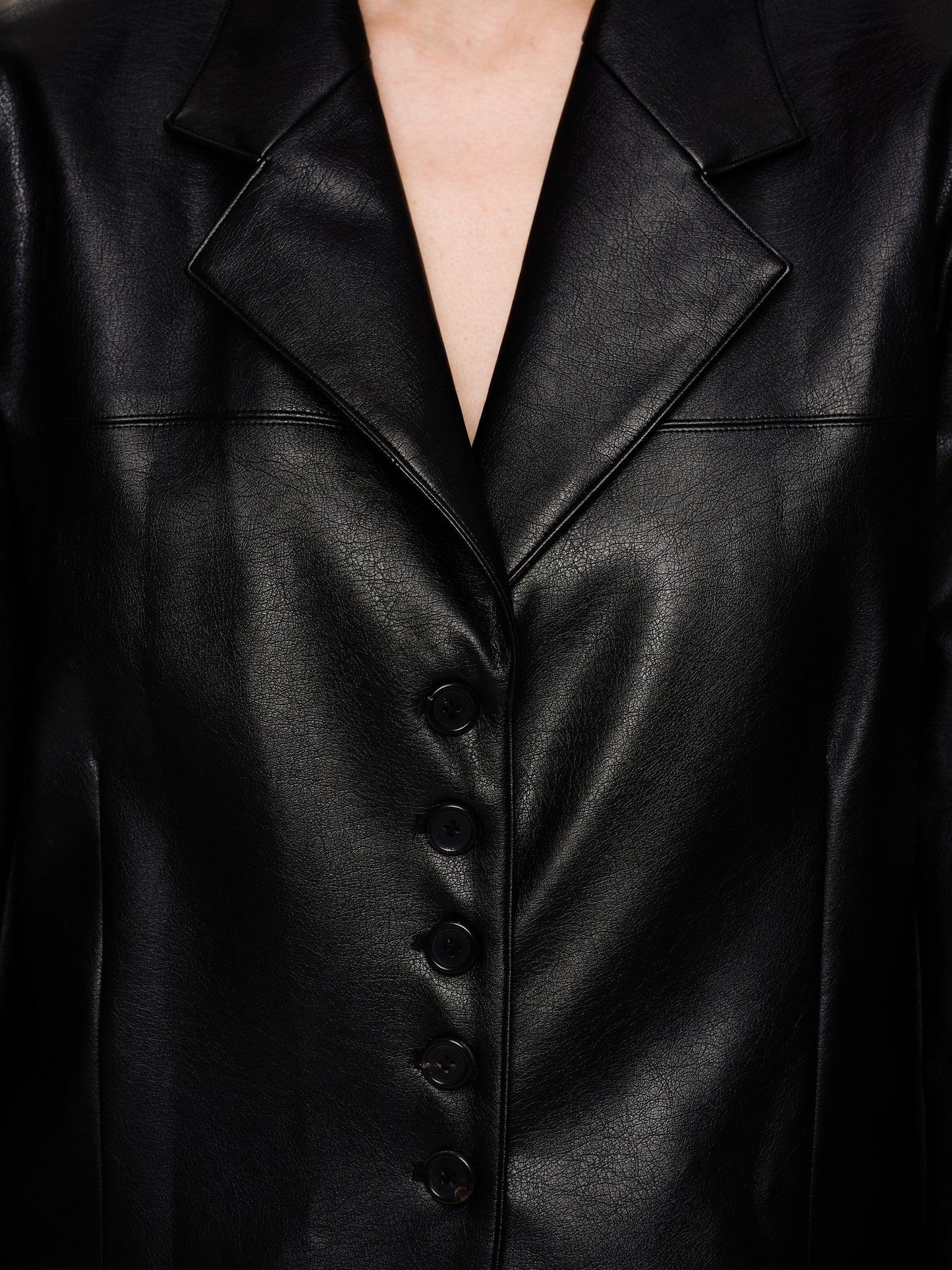 Faux Leather Button Jacket, Black