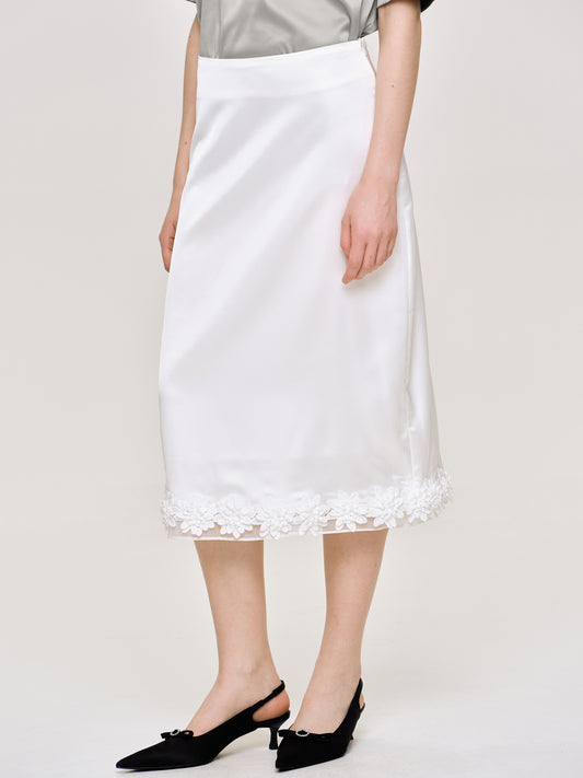 (Pre-order) Applique Satin Skirt, White