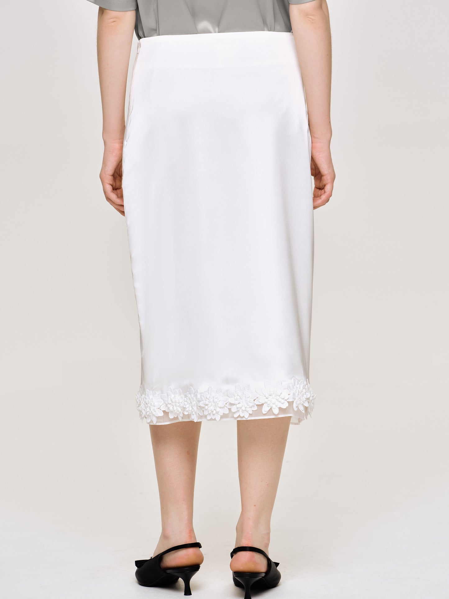 Applique Satin Skirt, White