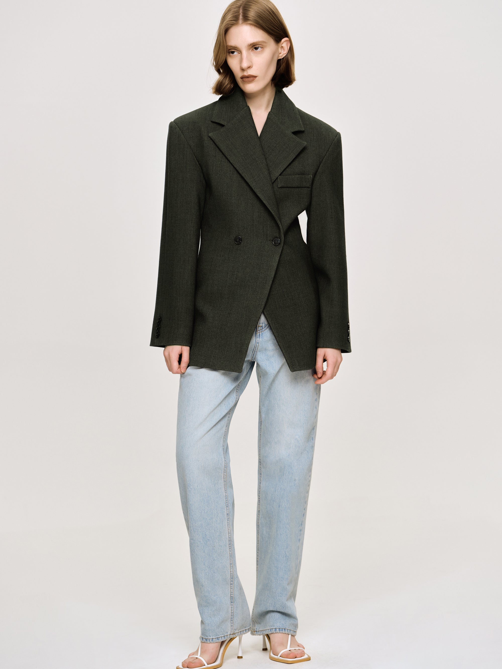 あんずWOOLSILKHERRIGBONE SHORTCOAT Nangy Double Breasted Cinched Blazer, Charcoal Grey
