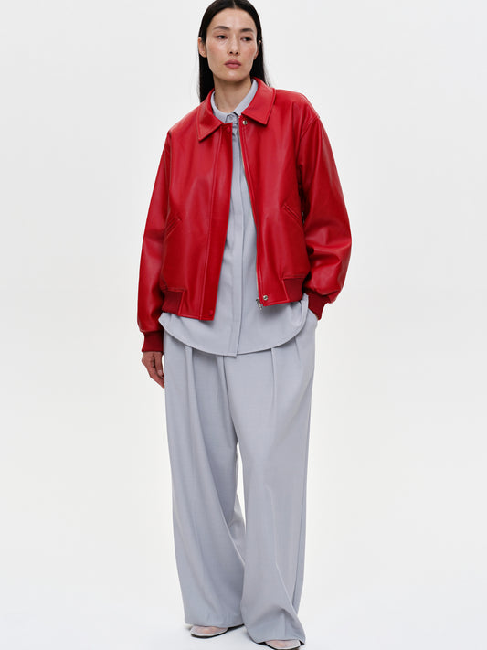 Boxy Faux Leather Bomber Jacket, Red