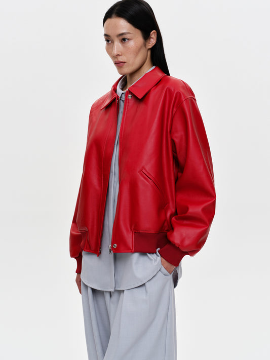 Boxy Faux Leather Bomber Jacket, Red