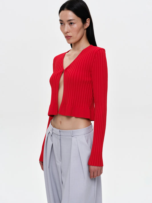Ribbed Open-Front Cardigan, Red