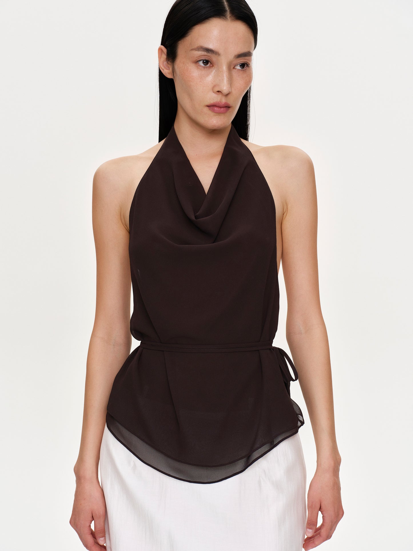 (Pre-order) Backless Cowl Neck Top, Brown Chiffon