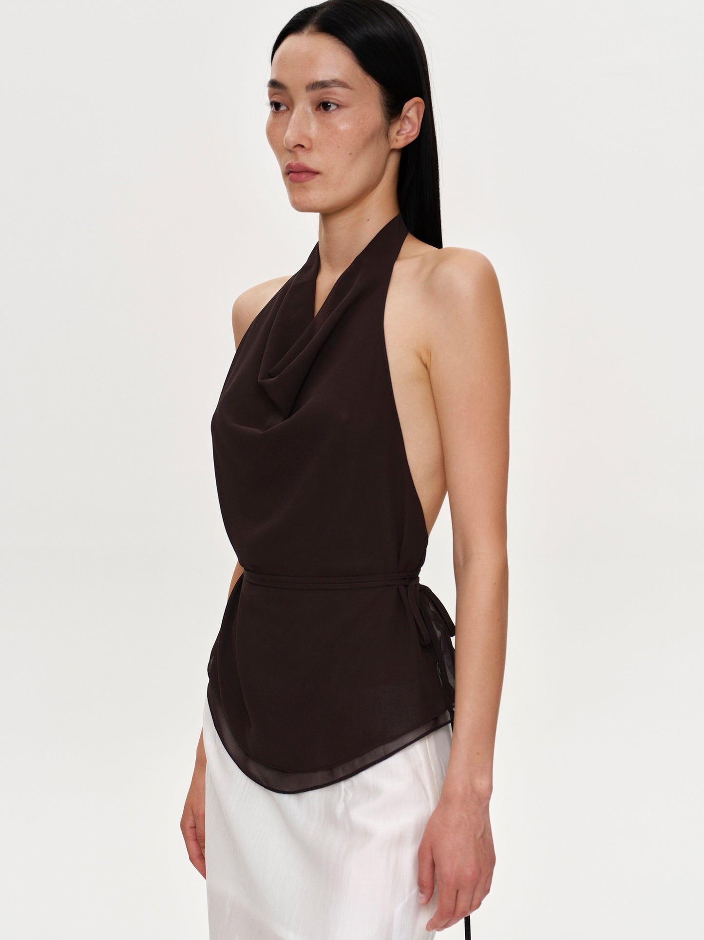 (Pre-order) Backless Cowl Neck Top, Brown Chiffon