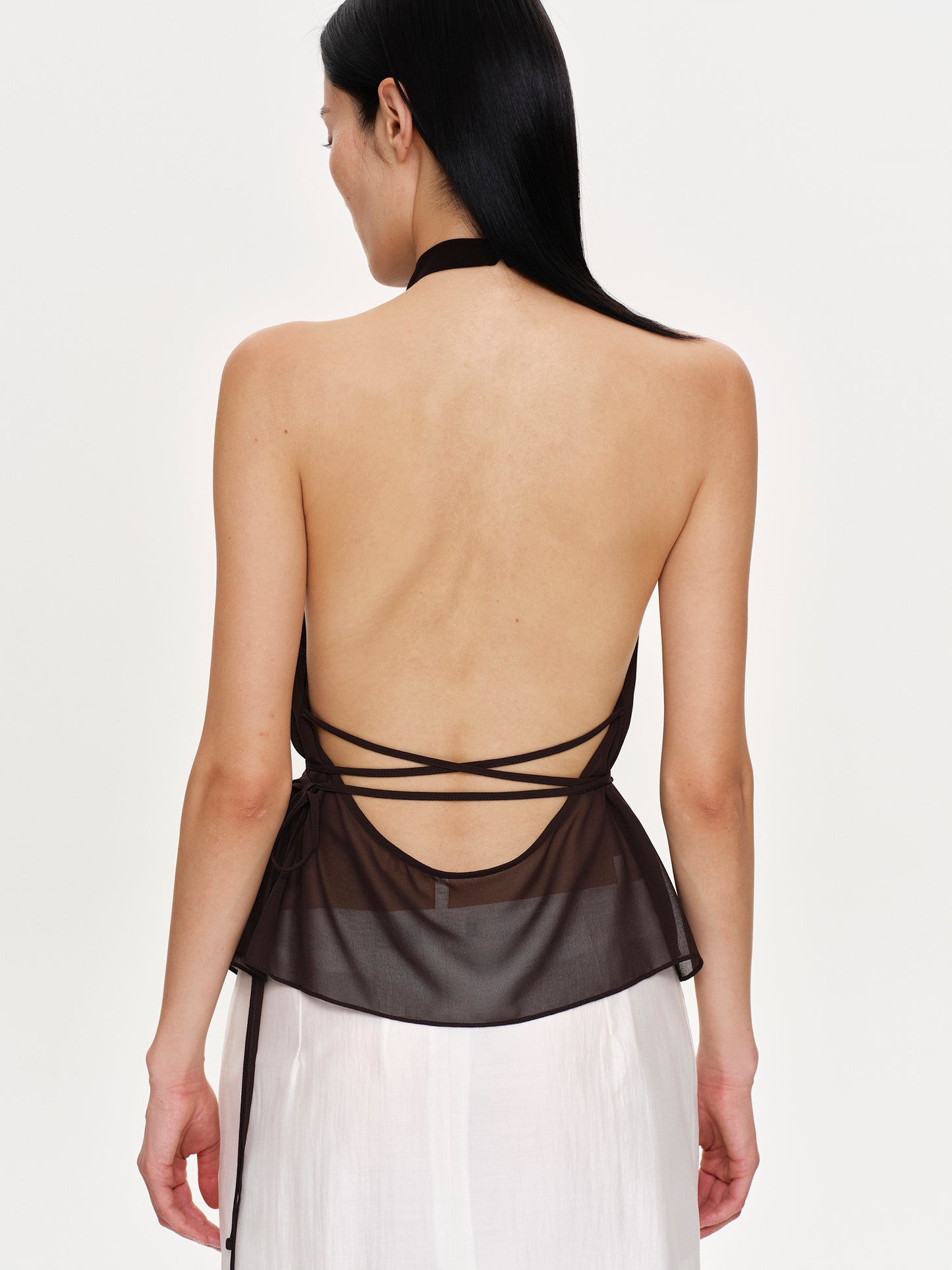 (Pre-order) Backless Cowl Neck Top, Brown Chiffon