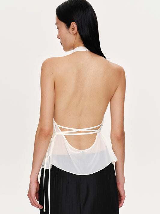 Backless Cowl Neck Top, Ivory Chiffon