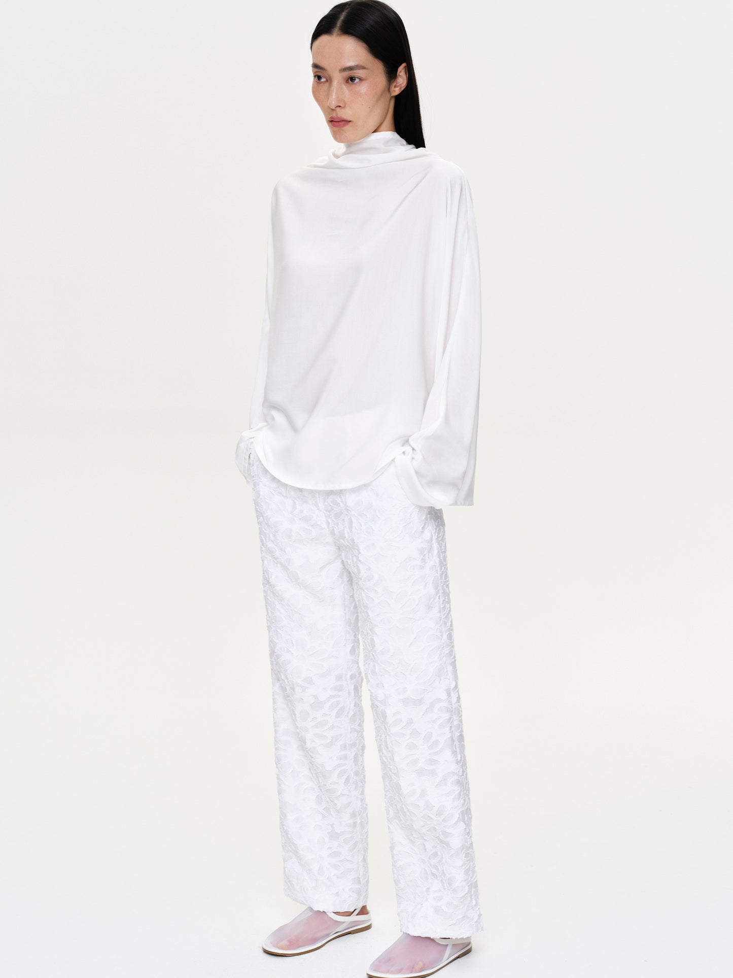 Draped Neck Satin Blouse, White – SourceUnknown