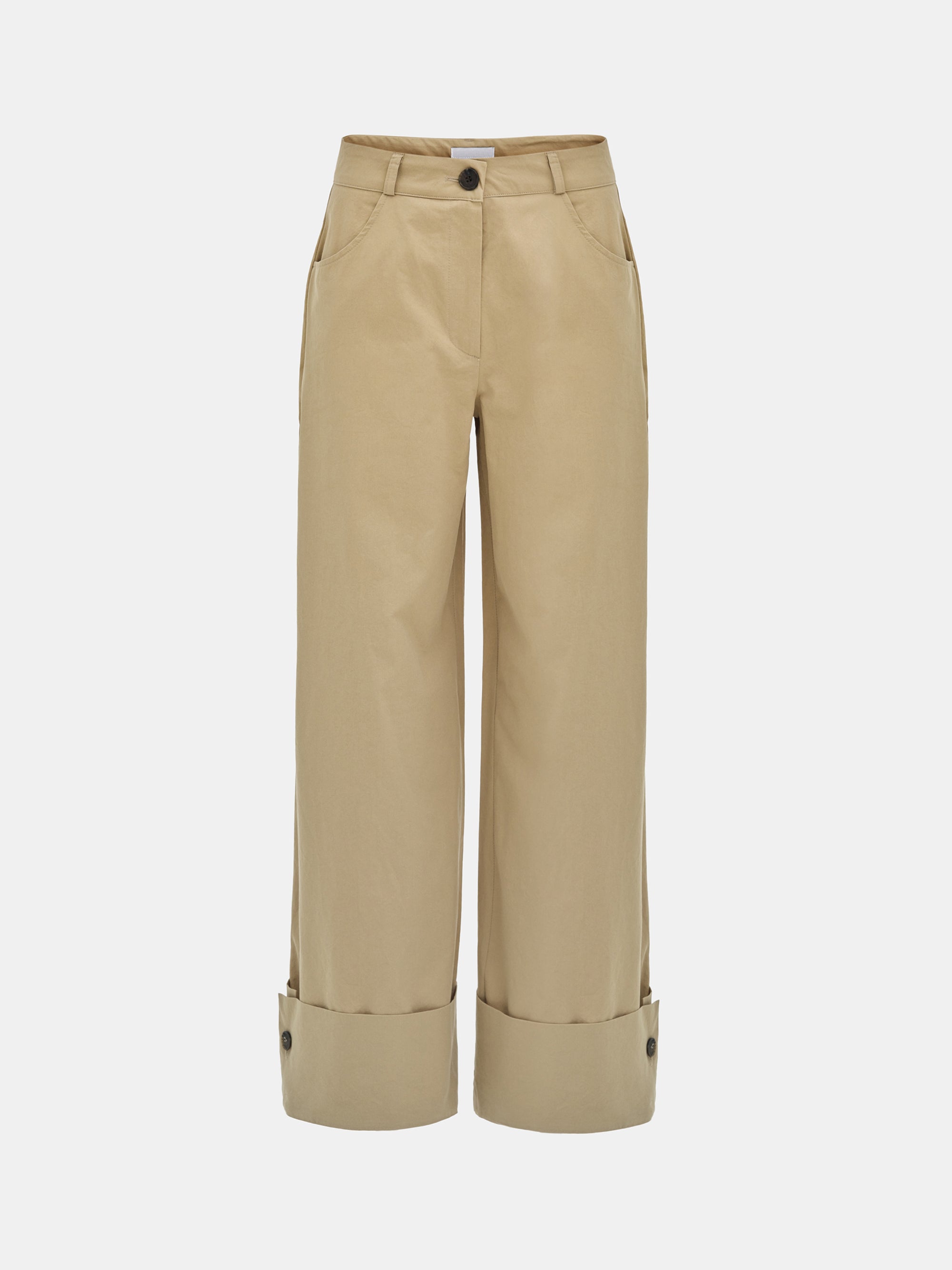 Cuffed Wide-Leg Trousers, Beige