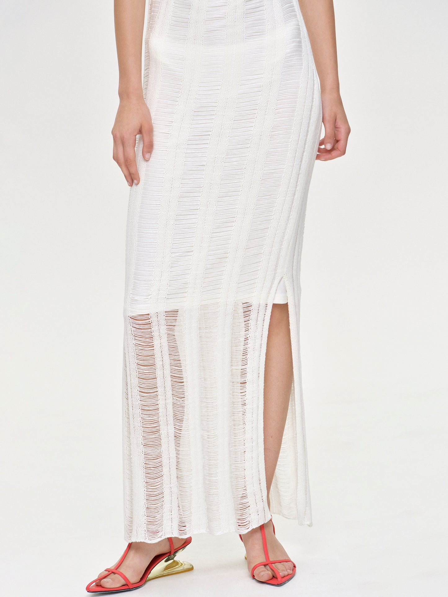 Pad Shoulder Netted Dress, White