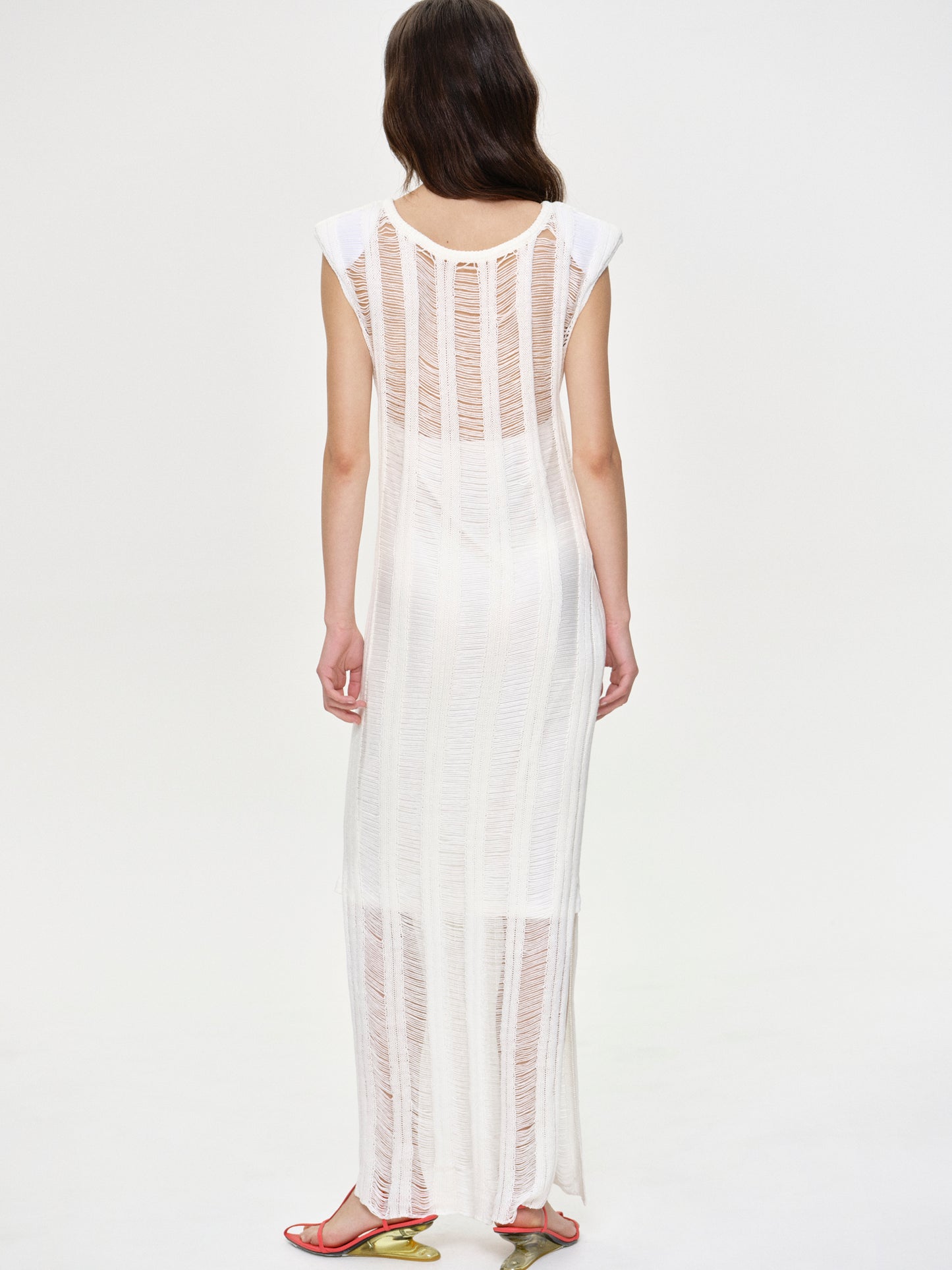 Pad Shoulder Netted Dress, White