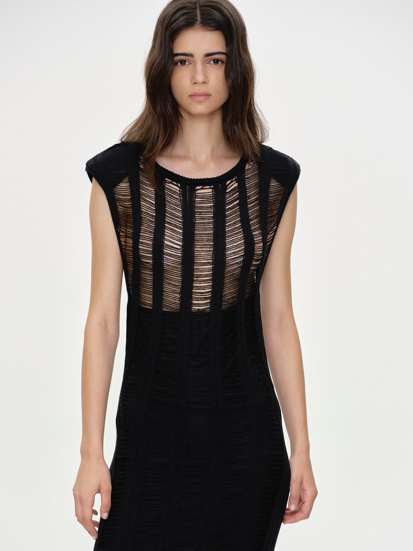 Pad Shoulder Netted Dress, Black