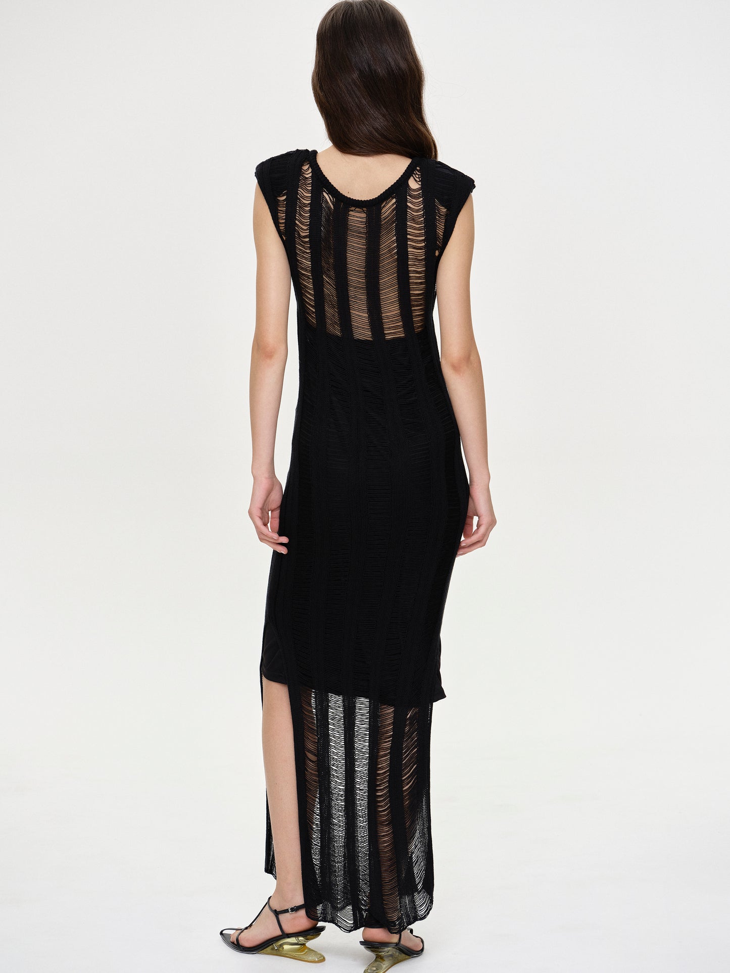 Pad Shoulder Netted Dress, Black