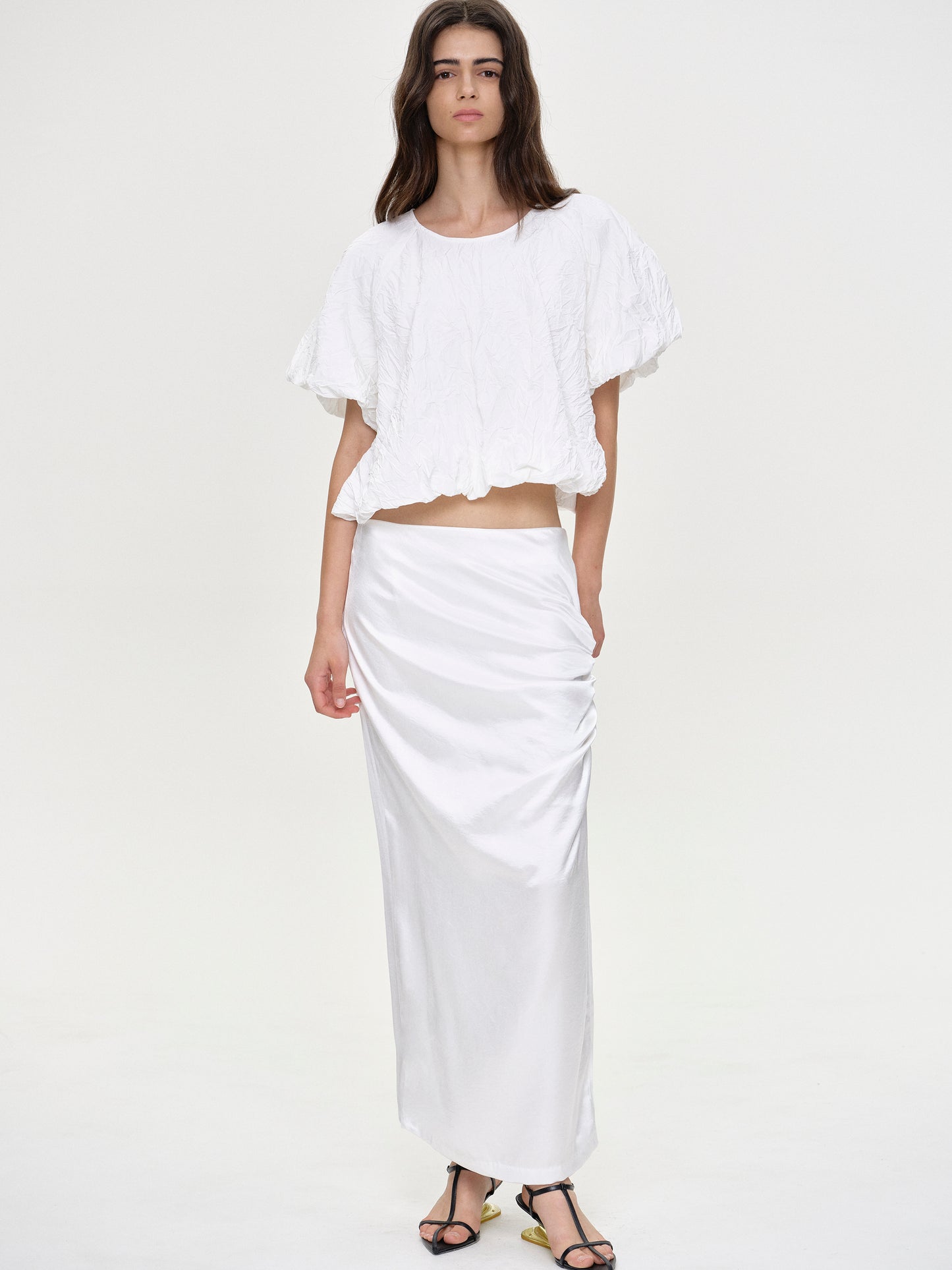 Ruched Satin Maxi Skirt, White