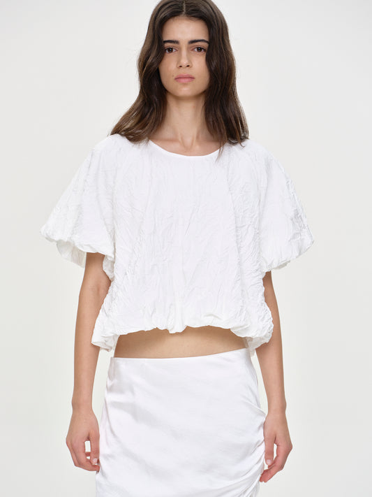 Crinkled Puff-Sleeved Top, White