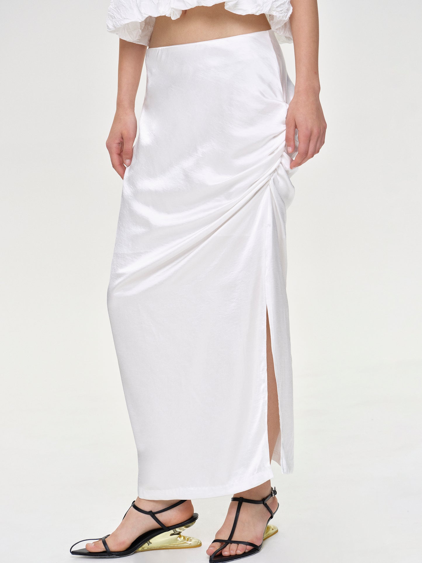 Ruched Satin Maxi Skirt, White