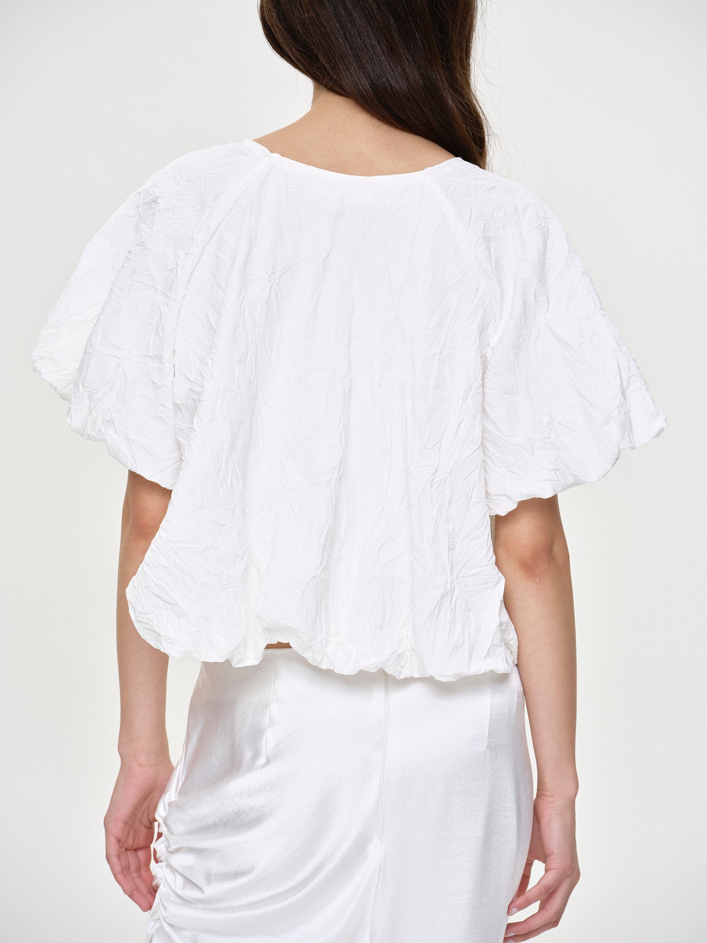 Crinkled Puff-Sleeved Top, White