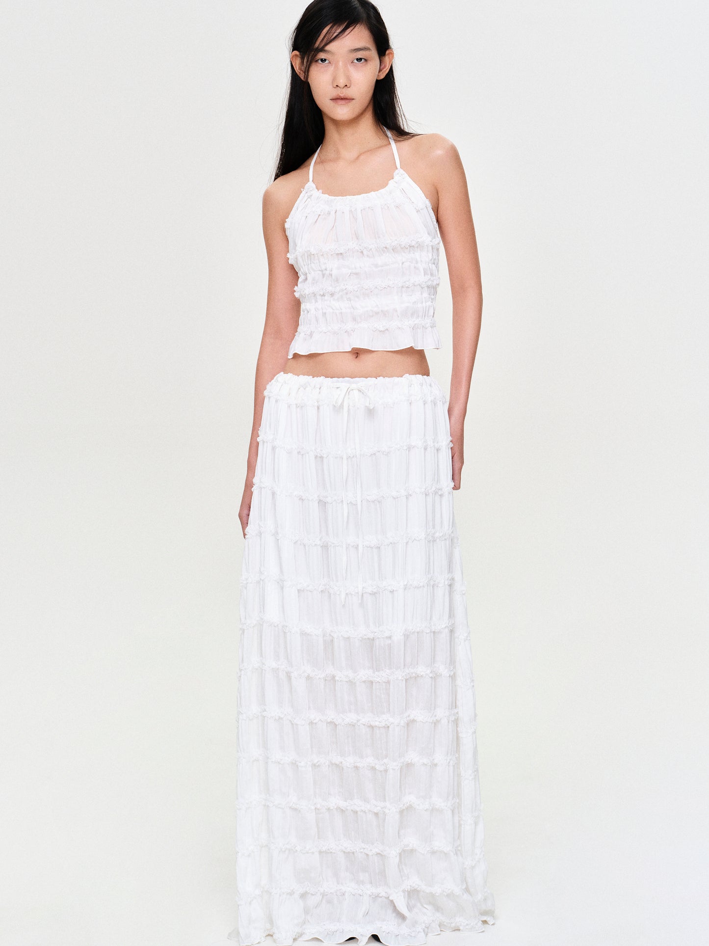 Tiered Ruffle Chiffon Maxi Skirt, White