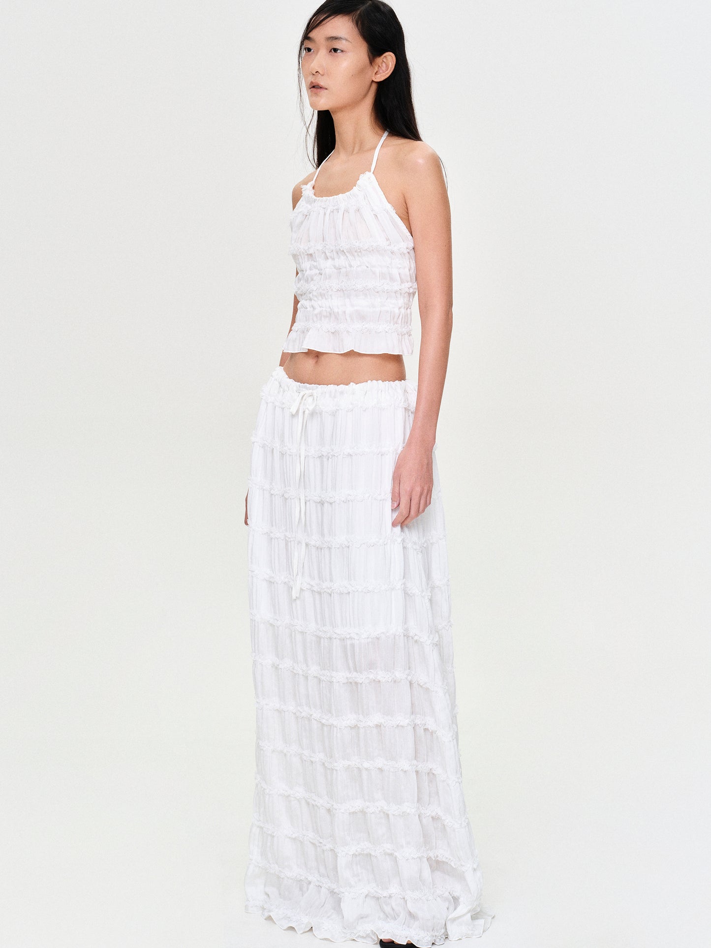 Tiered Ruffle Chiffon Maxi Skirt, White