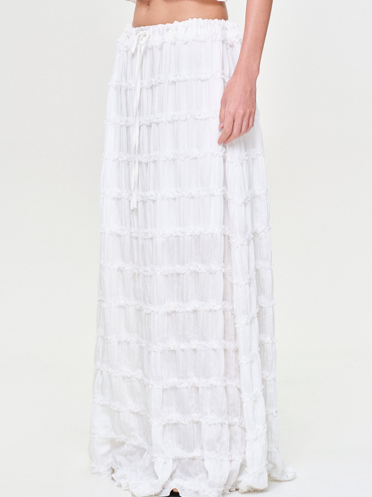 Tiered Ruffle Chiffon Maxi Skirt, White