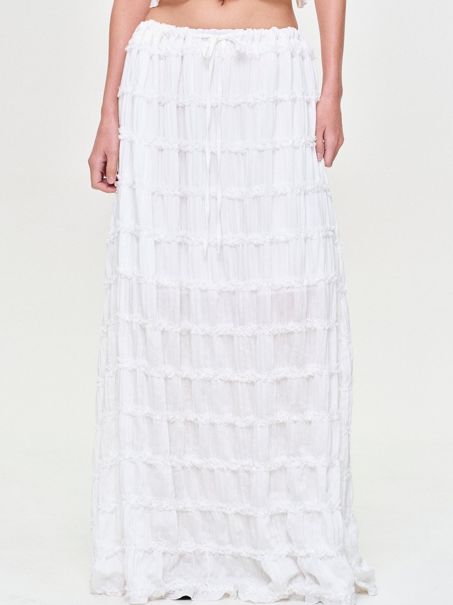 Tiered Ruffle Chiffon Maxi Skirt, White