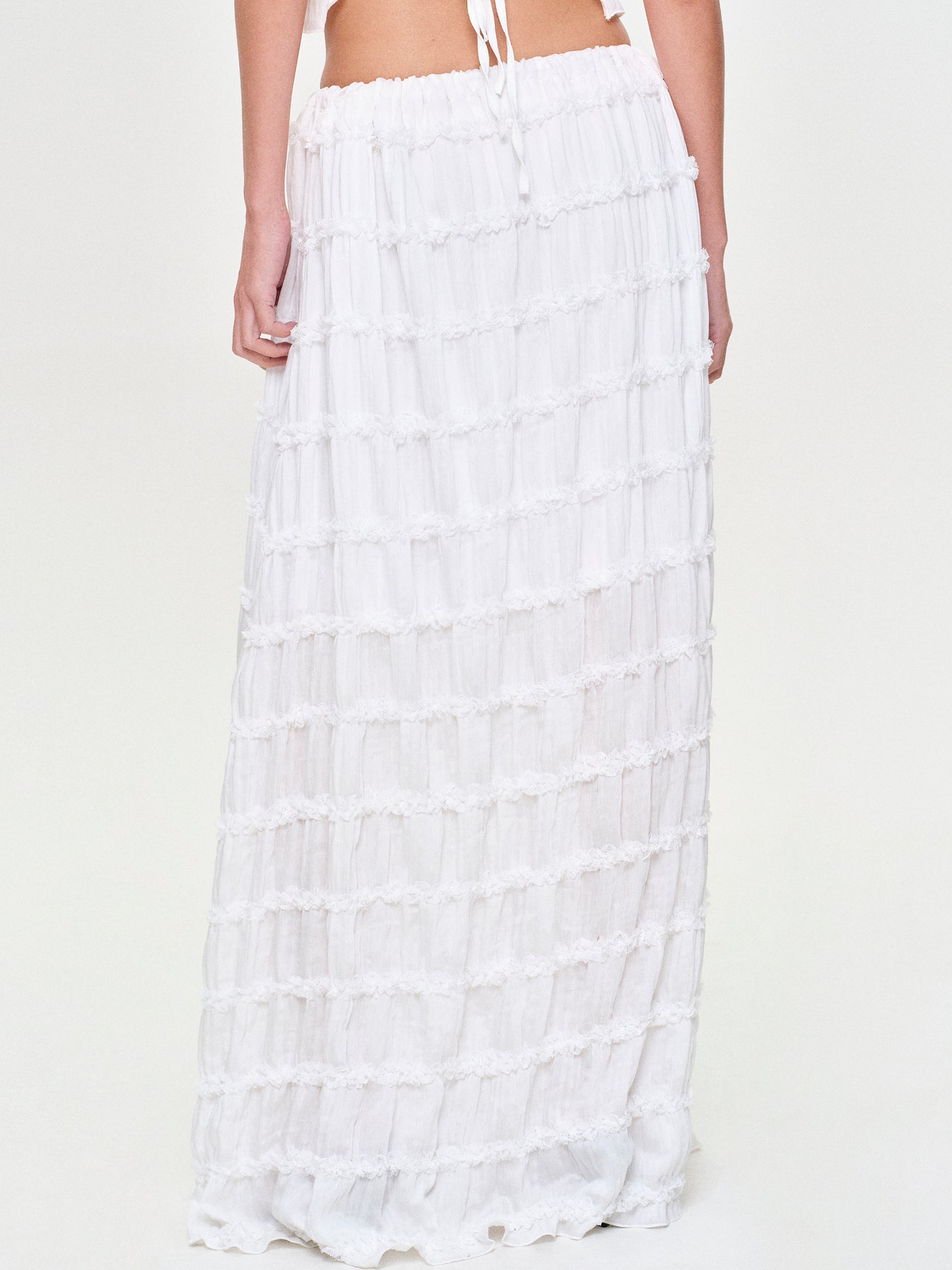 Tiered Ruffle Chiffon Maxi Skirt, White