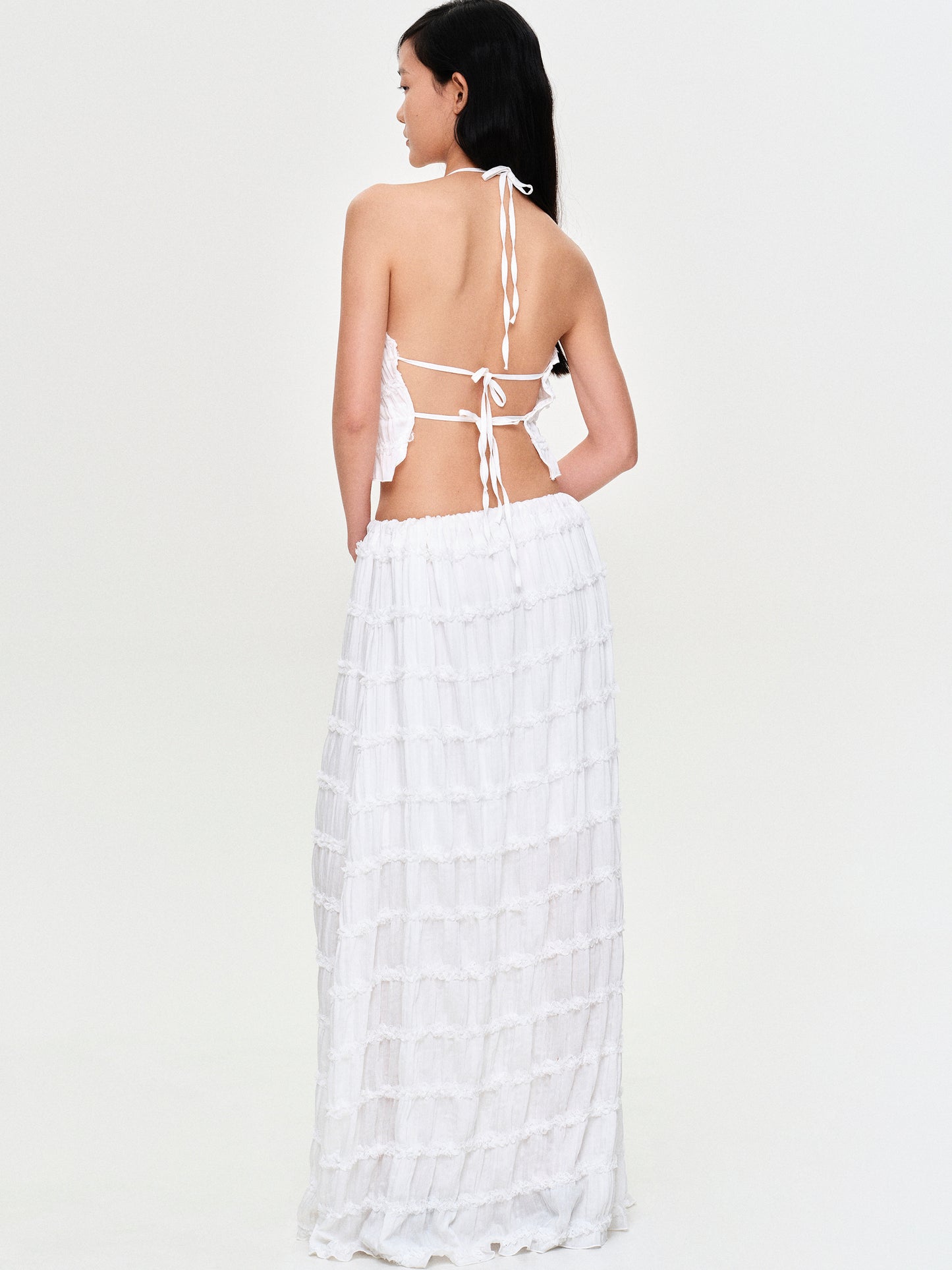 Tiered Ruffle Chiffon Maxi Skirt, White