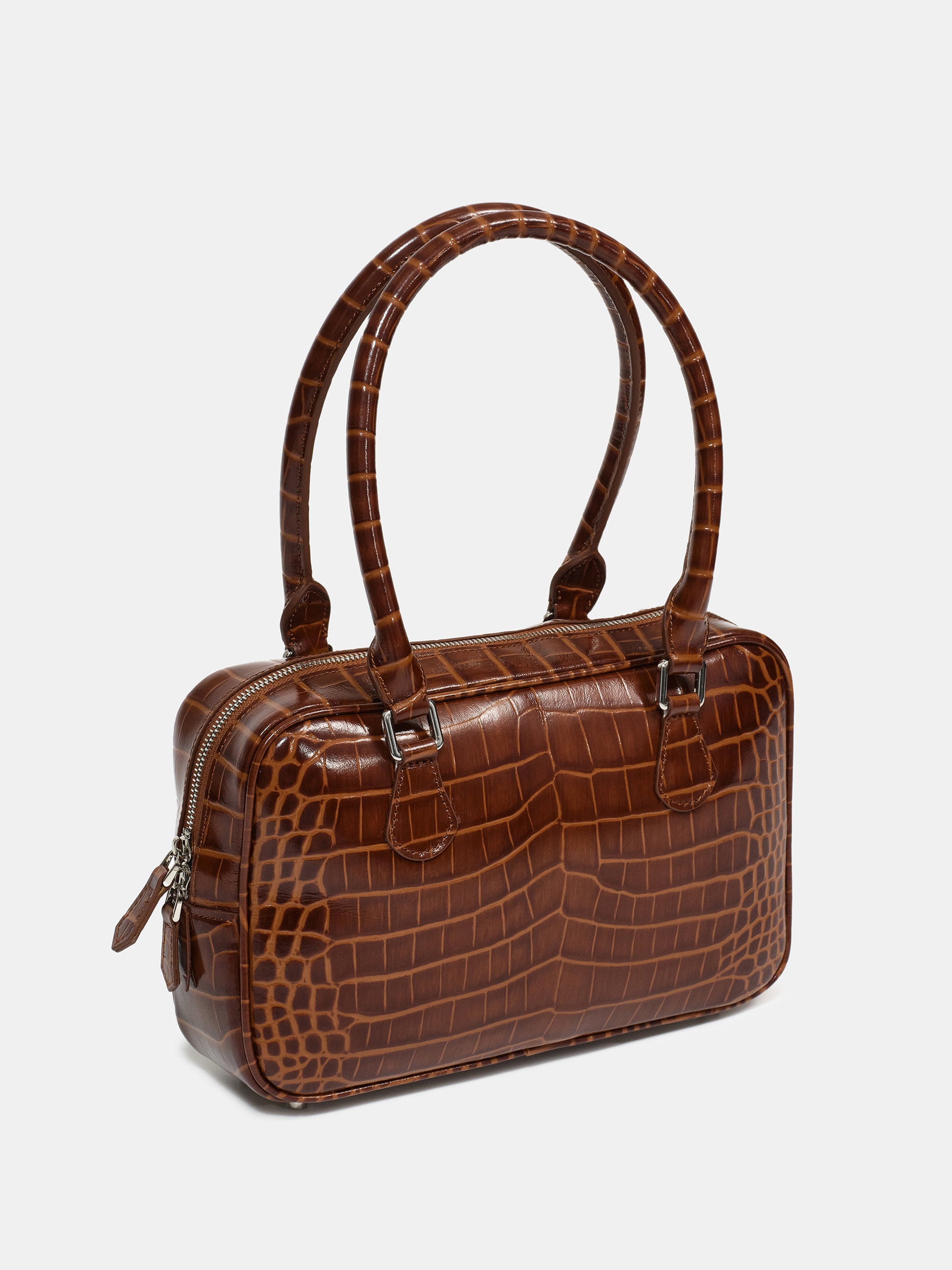 Yves Croc-embossed Leather Bag, Chocolate