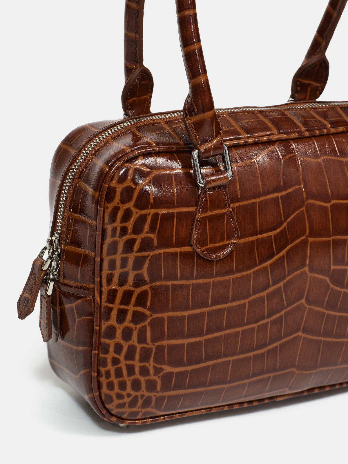 Yves Croc-embossed Leather Bag, Chocolate