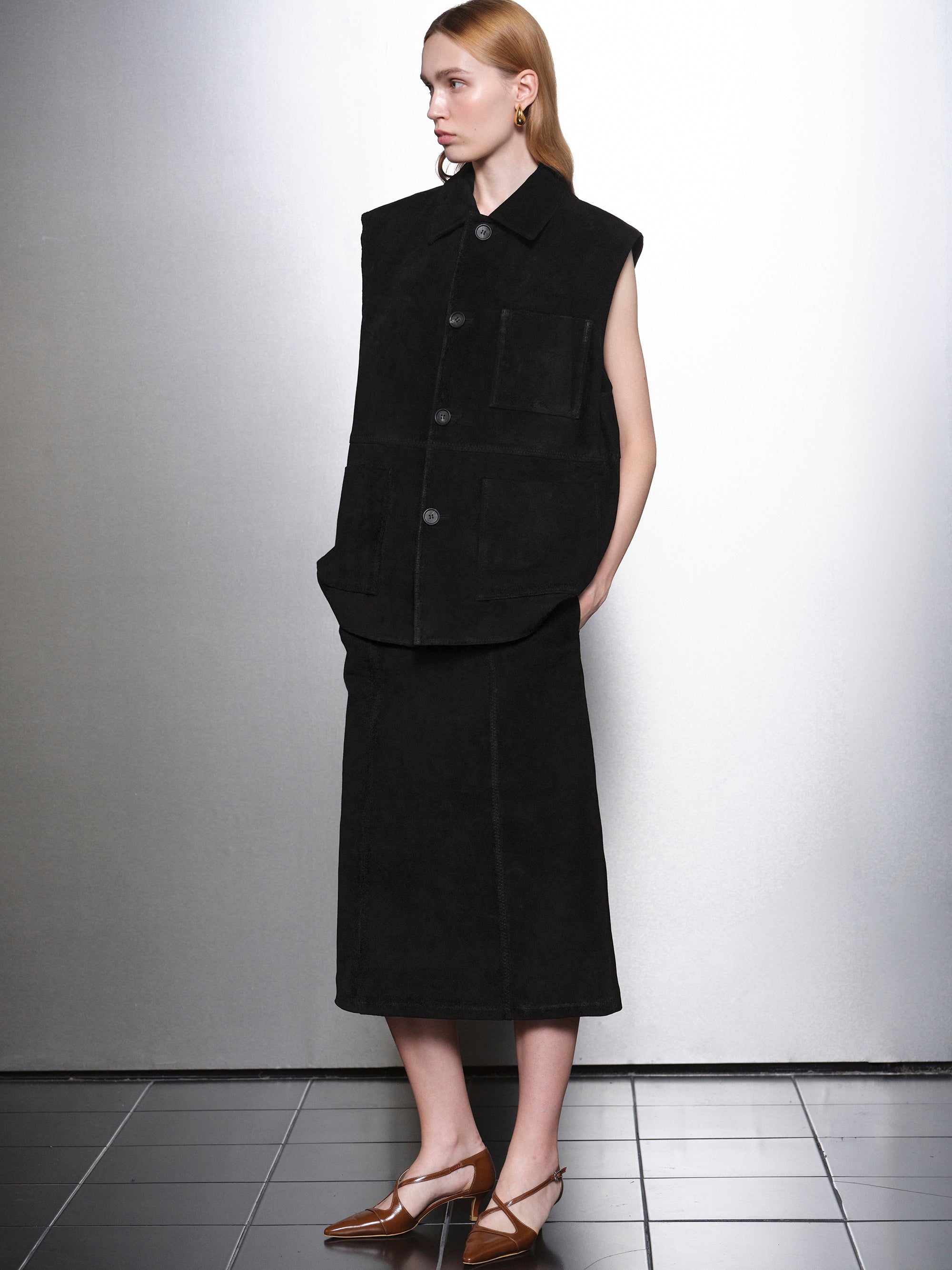 Lidiane Suede Midi Skirt, Black