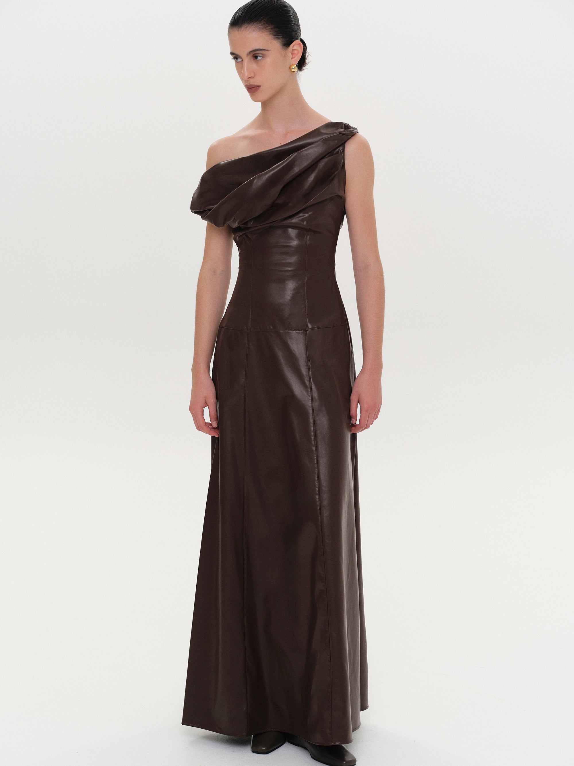 Gwendalia Draped Leather Dress, Espresso – SourceUnknown