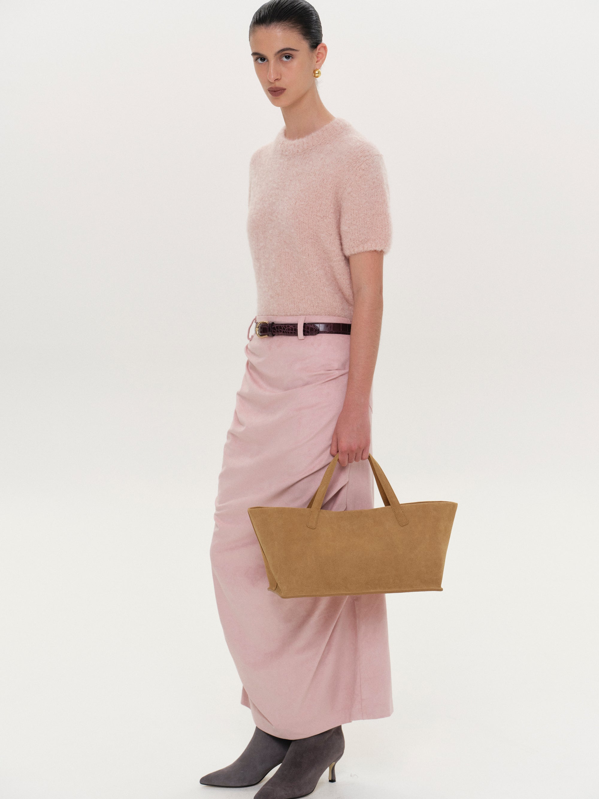 Trapeze Suede Tote, Tan