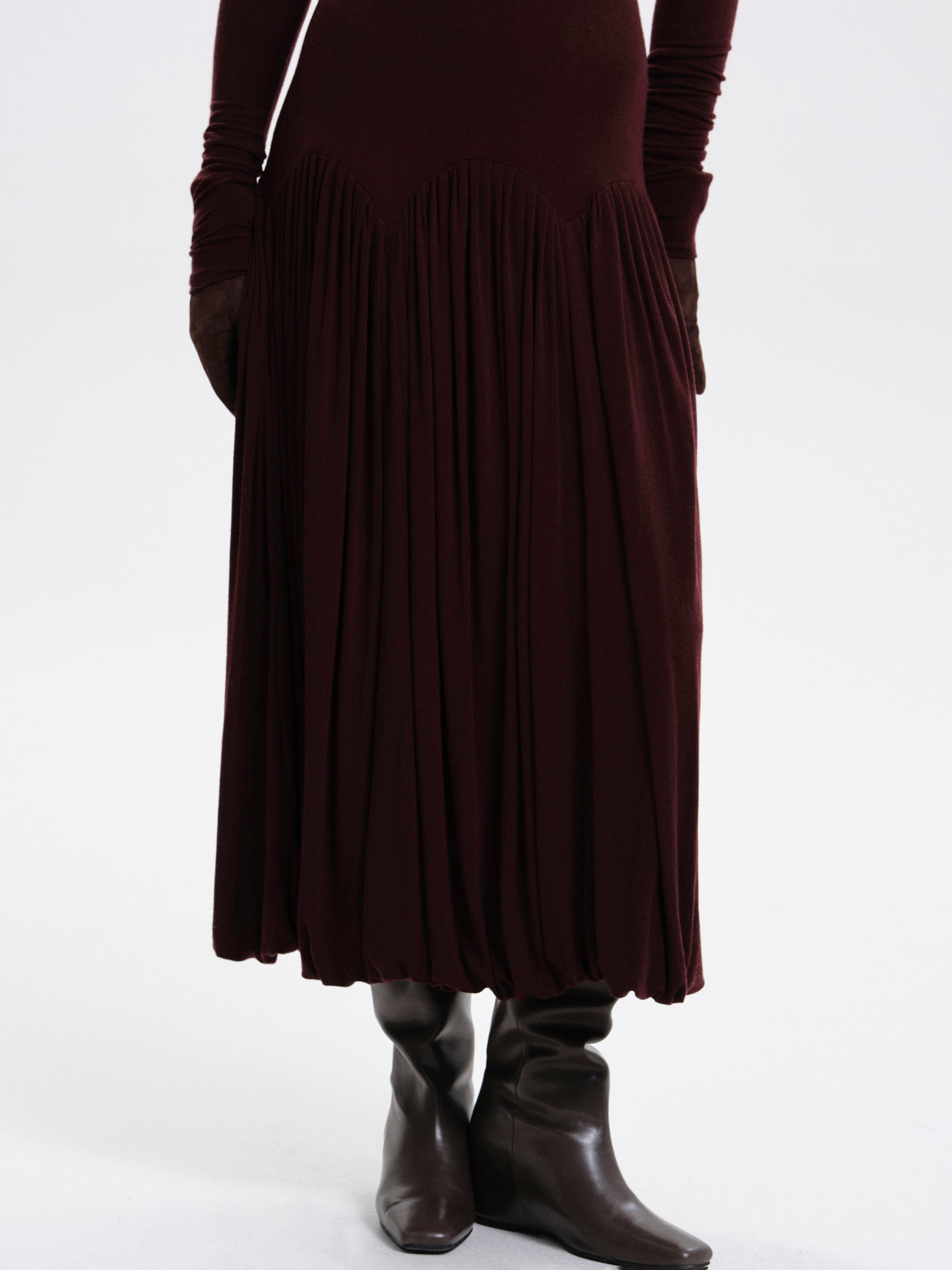 Turtleneck Ruched Dress, Dark Plum SourceUnknown