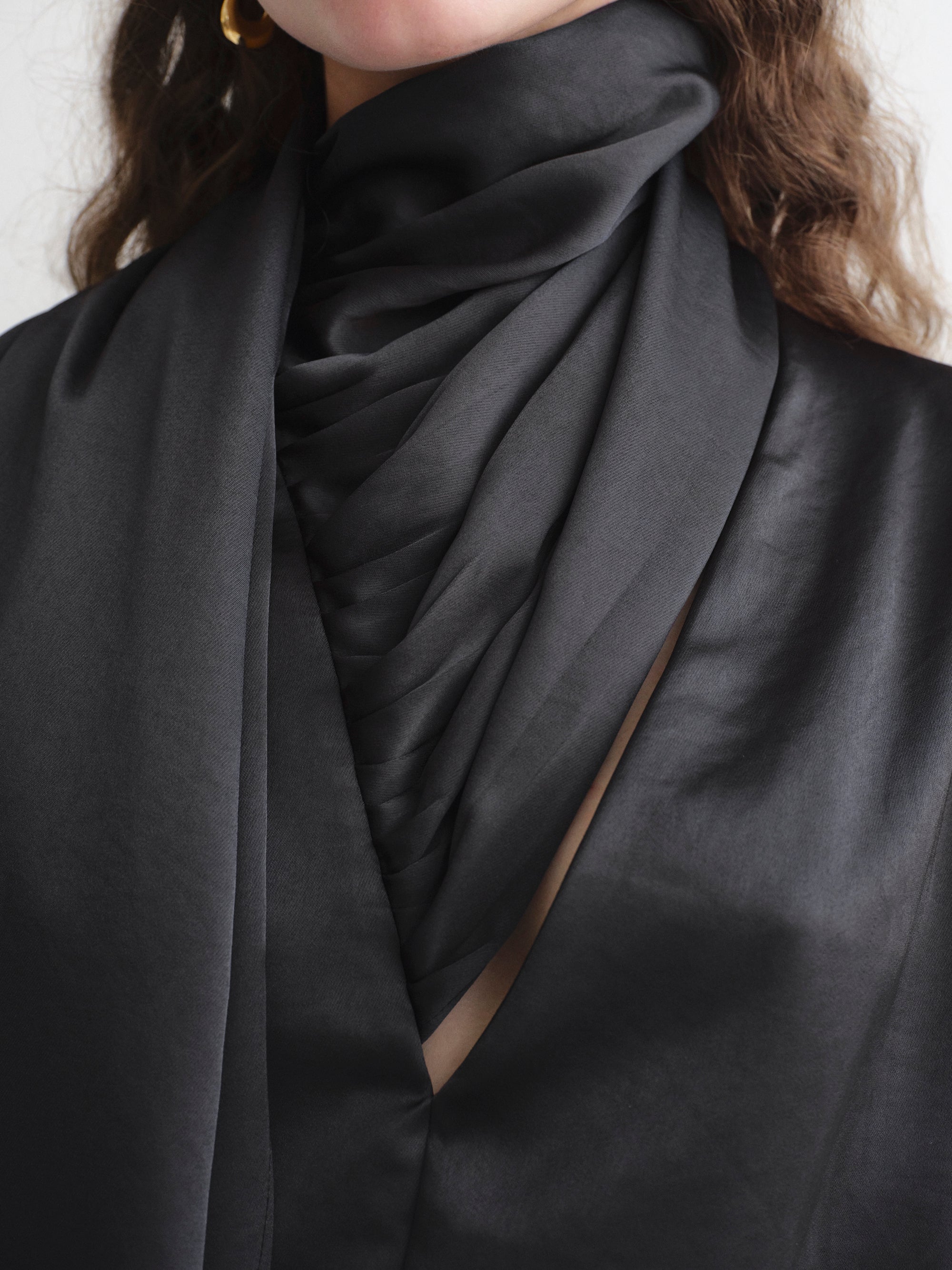 Koa Scarf Collar Satin Blouse, Black