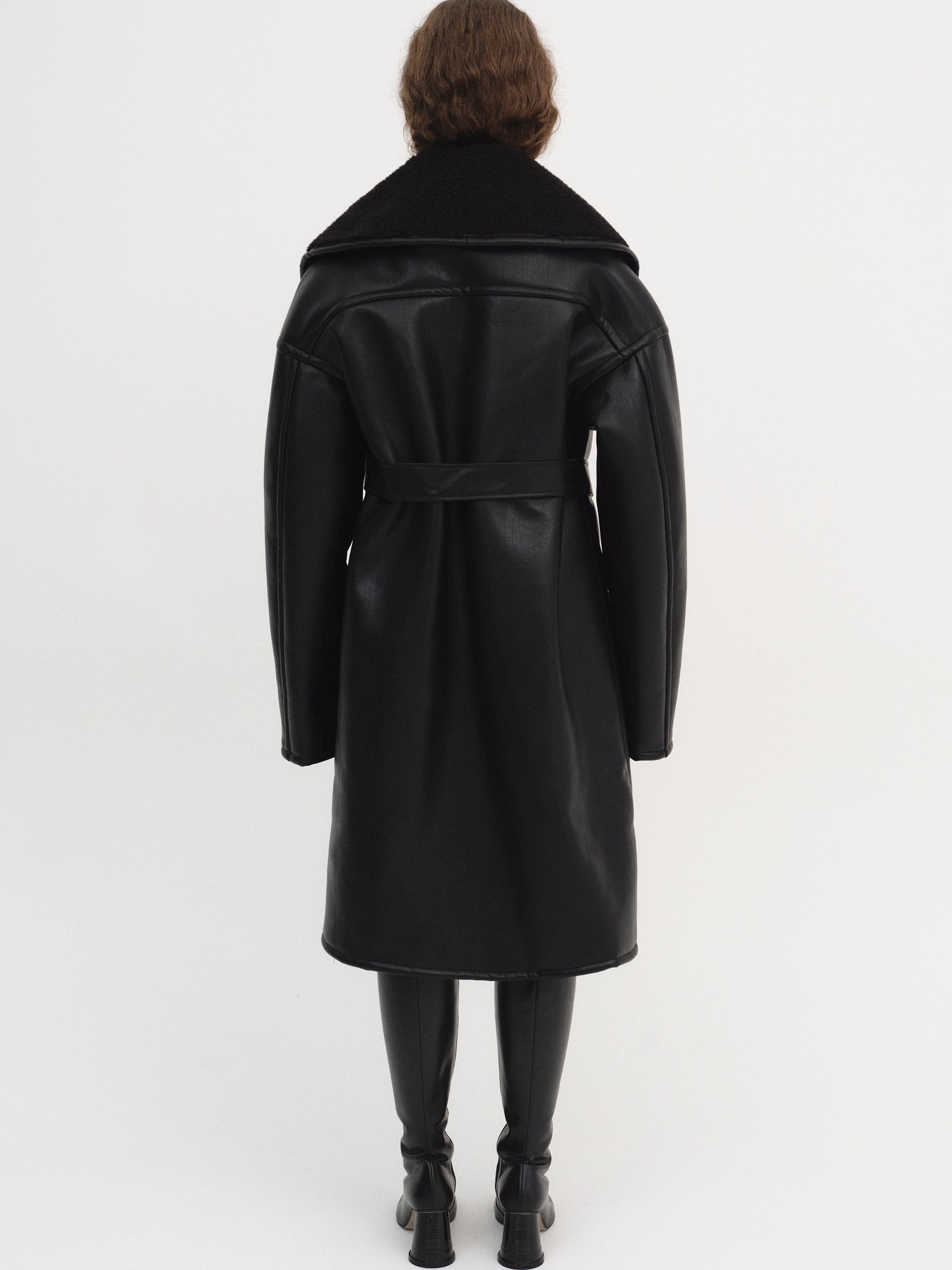 Agda Shearling Collar Leather Coat, Black
