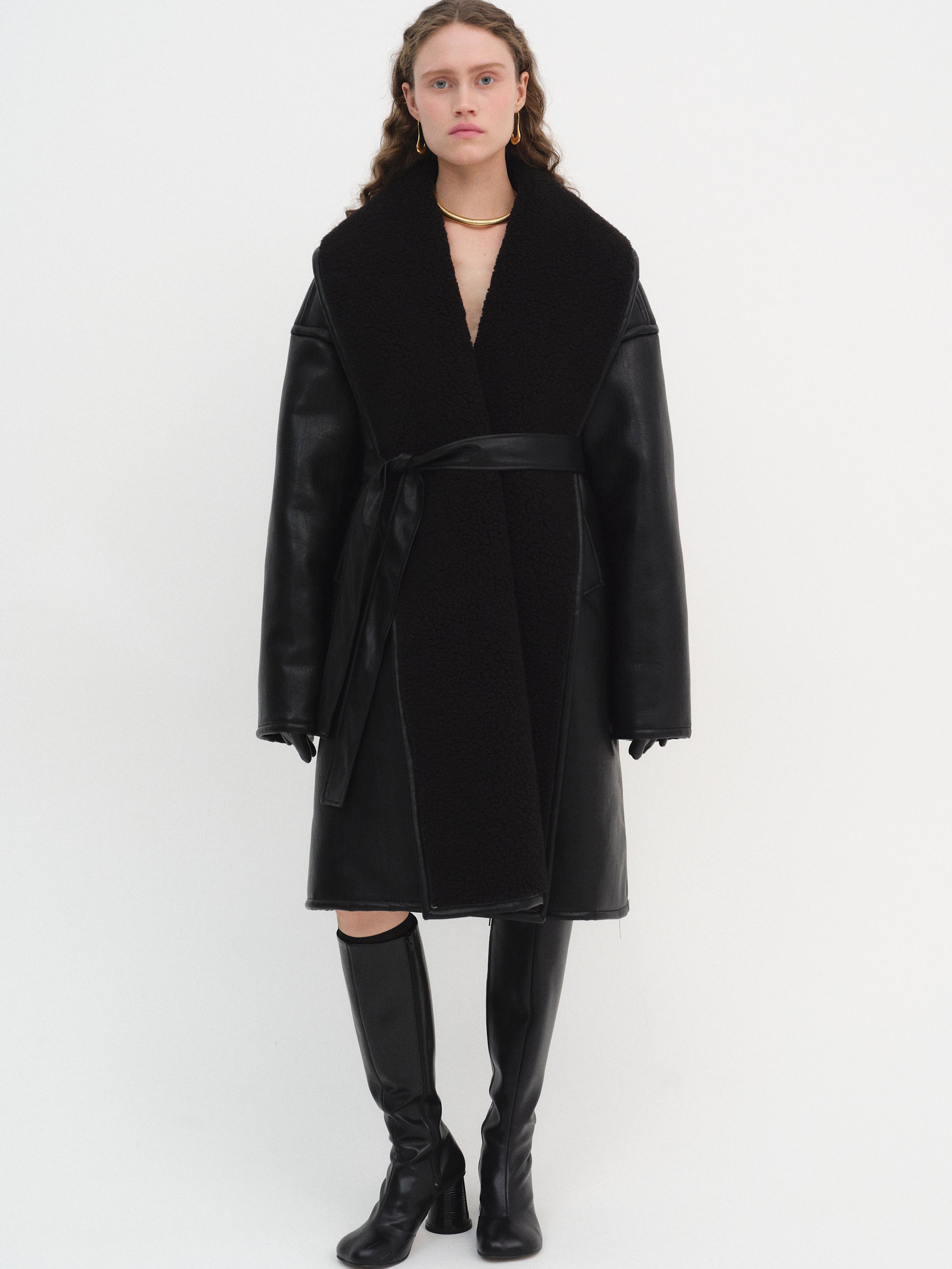 Agda Shearling Collar Leather Coat, Black