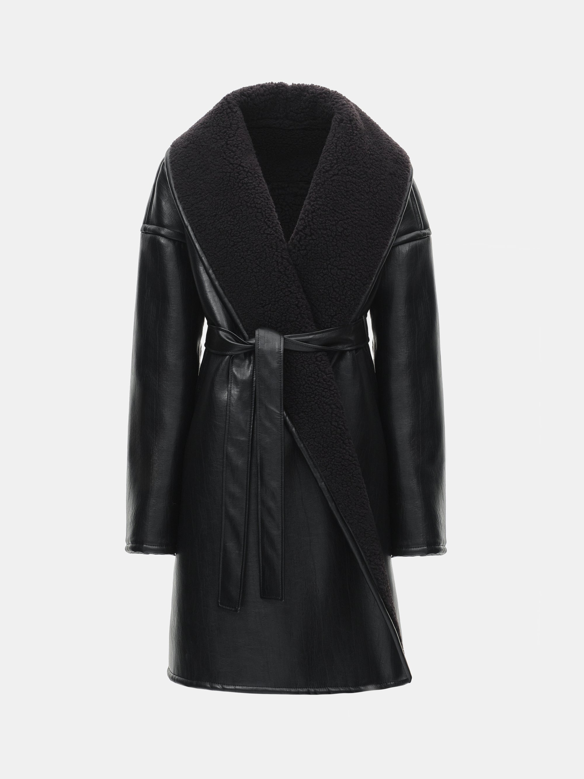 Agda Shearling Collar Leather Coat, Black